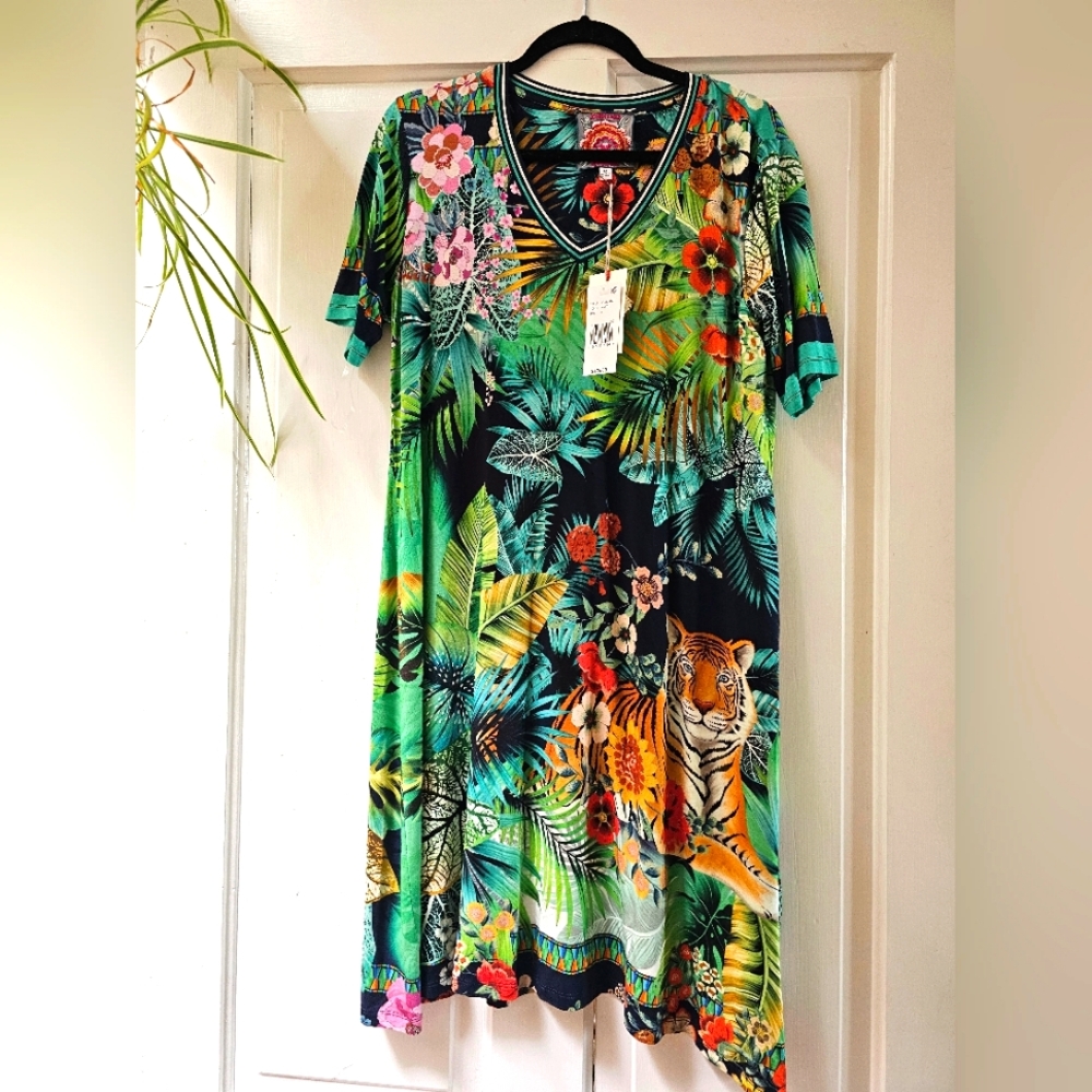 Johnny Was Janie Favorite Printed Bamboo Blend Knit V-Neck Short Sleeve Dress